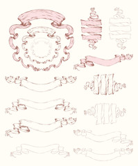 Set of retro/vintage ribbons, doodle collection, realistic sketches. Hand drawn vector illustration.