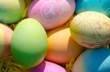 Bowl of Easter Eggs / A bowl of Easter eggs with colorful art and bunny paintings.