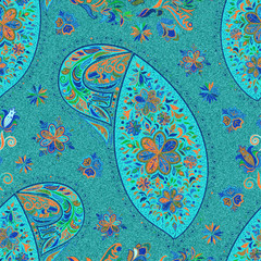 Paisley vintage floral motif ethnic seamless background. Abstract lace pattern.Imitation textile factory. Hand drawing colorful wallpaper. EPS-10 vector texture.
