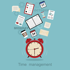Time management concept planning, organization, working time. Flat vector illustration. 