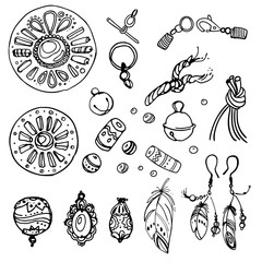 Set of beads, ropes and cords. Ethnic set in your own style. Style boho, hippie culture. Vector decorative elements hippies