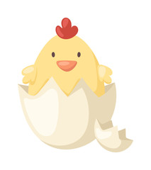 Cartoon yellow newborn chicken in the broken egg shell vector. 