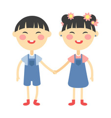 Twins happy kids holding hands boy and girl vector illustration. 