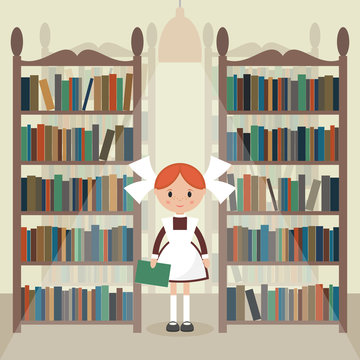 Soviet cartoon schoolgirl in library.