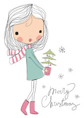 Christmas girl. Christmas and New year greeting card 
