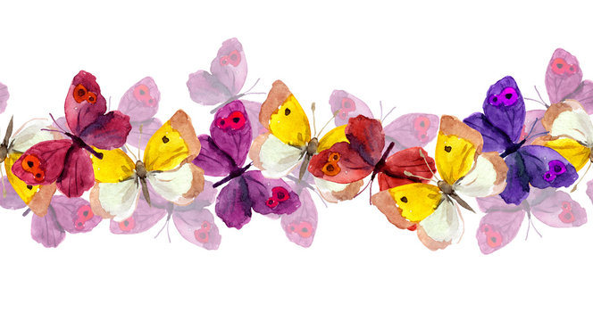 Seamless banner strip with butterflies isolated on white - watercolor