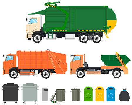 Set of isolated garbage trucks with tanks on a white background. Cleaning Machines. Vector illustration