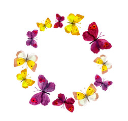 Wreath border frame with butterflies. Watercolor