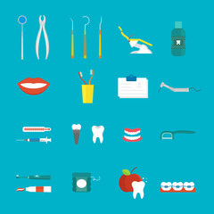 Dental hygiene medical concept flat style with cross section healthy tooth care icons vector. 