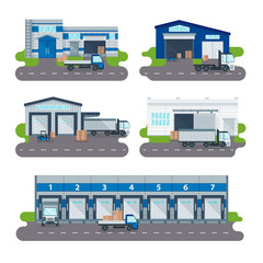 Logistics collection warehouse delivery center, loading trucks, forklifts workers vector.