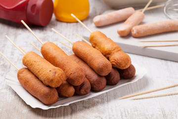 Corn dog. Sausage baked in corn dough.