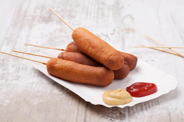 Corn dog. Sausage baked in corn dough.