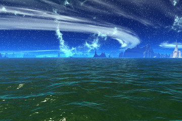 Fototapeta na wymiar Fantasy alien planet. Rocks and lake