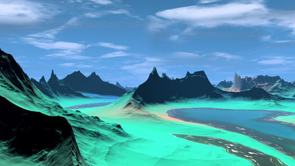 Fantasy alien planet. Rocks and lake