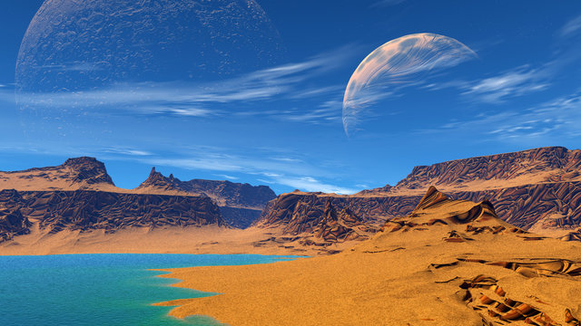Fantasy alien planet. Rocks and lake