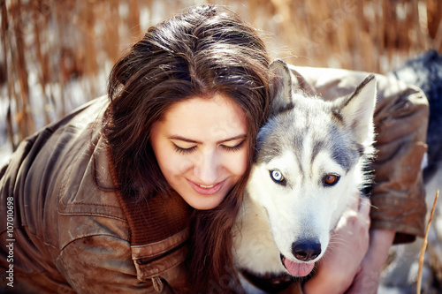 Beautiful Woman With Husky Outdoors Happy Brunette Woman