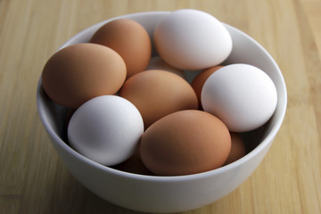 A bowl of a mix of fresh brown and white eggs