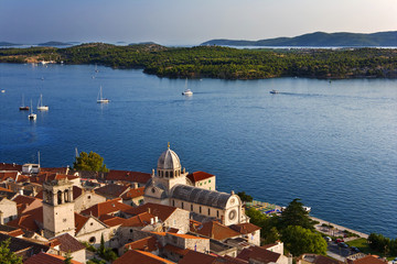 Fototapeta na wymiar Croatia. Middle Dalmatia. Sibenik. Aerial view of the old city and cathedral - (The Cathedral of St James in Sibenik is on UNESCO World Heritage List since 2000)