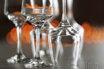 Empty wineglasses on a table, close up