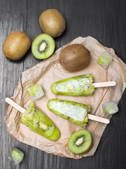 Homemade kiwi ice cream on a stick