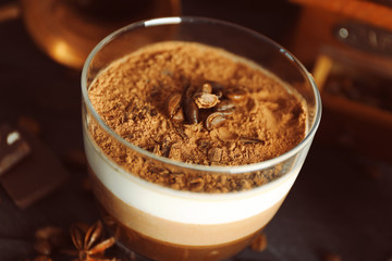 Delicious dessert in glass, closeup