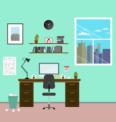 Cozy modern workplace near the window in room. Flat style. Creative office workplace