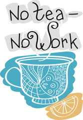 Cup with tea and lemon. Working break