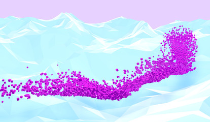 Pixel river. Abstract background with polygonal mountains and pink cubes flow. 3d Illustration.