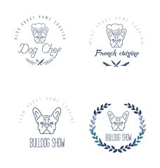Fototapeta na wymiar Set of logos with french bulldog and twigs. Nanoline style.