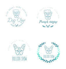 Set of logos with french bulldog and twigs. Nanoline style.