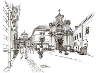 Vector drawing of central street of old european town, Vilnius