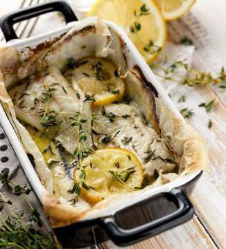 Fillet of cod baked in lemon thyme marinade
