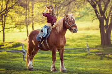 Cowgirl and Horse. Retro Style