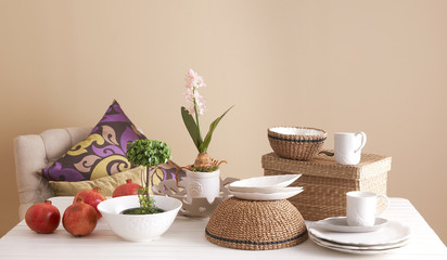 white wicker basket dinner set cream color wall decor