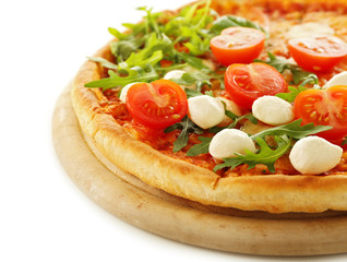 Margherita pizza with fresh arugula, Mozzarella and tomatoes, isolated on white