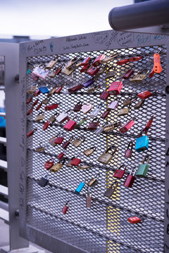 Close up of locks on bridge railing, Berlin, Germany