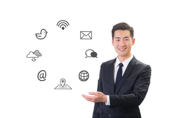 Young businessman showing social media & Internet icon concept