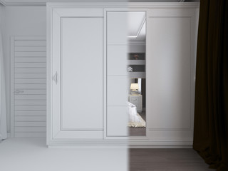 3d render of bedroom interior design in a modern style.