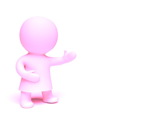 cute 3d character in shades of pink wearing a gown presenting an empty space in a white scene (3D illustration)