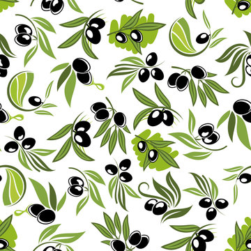 Olive fruits on branches seamless pattern