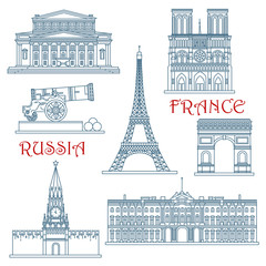 Thin line Russia and France landmarks