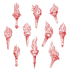Fototapeta na wymiar Ancient flaming torches red sketches
