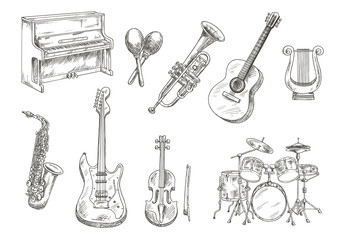 Fototapeta premium Sletched classic musical instruments set