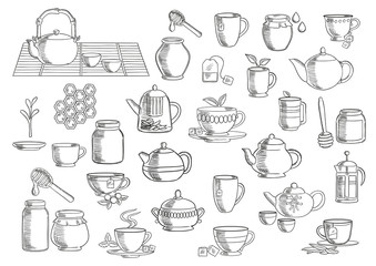 Tea and beverages hand drawn objects