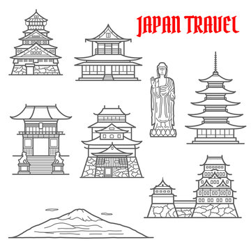 Japan travel landmarks thin line icons