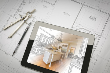Computer Tablet Showing Kitchen Illustration On House Plans, Pencil and Compass