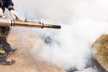 Obraz premium Worker fogging mosquito to prevent of dengue fever and zika virus.Fogging to kill mosquito larva.