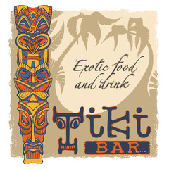 Tiki bar sign. Background, grunge frame, text, tiki on separate layers