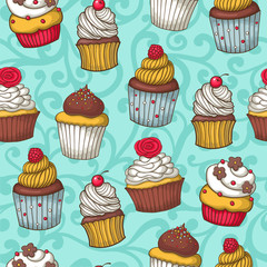 Seamless pattern with cupcakes
