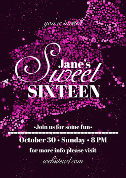 Sweet sixteen glitter party invitation flyer template design.
